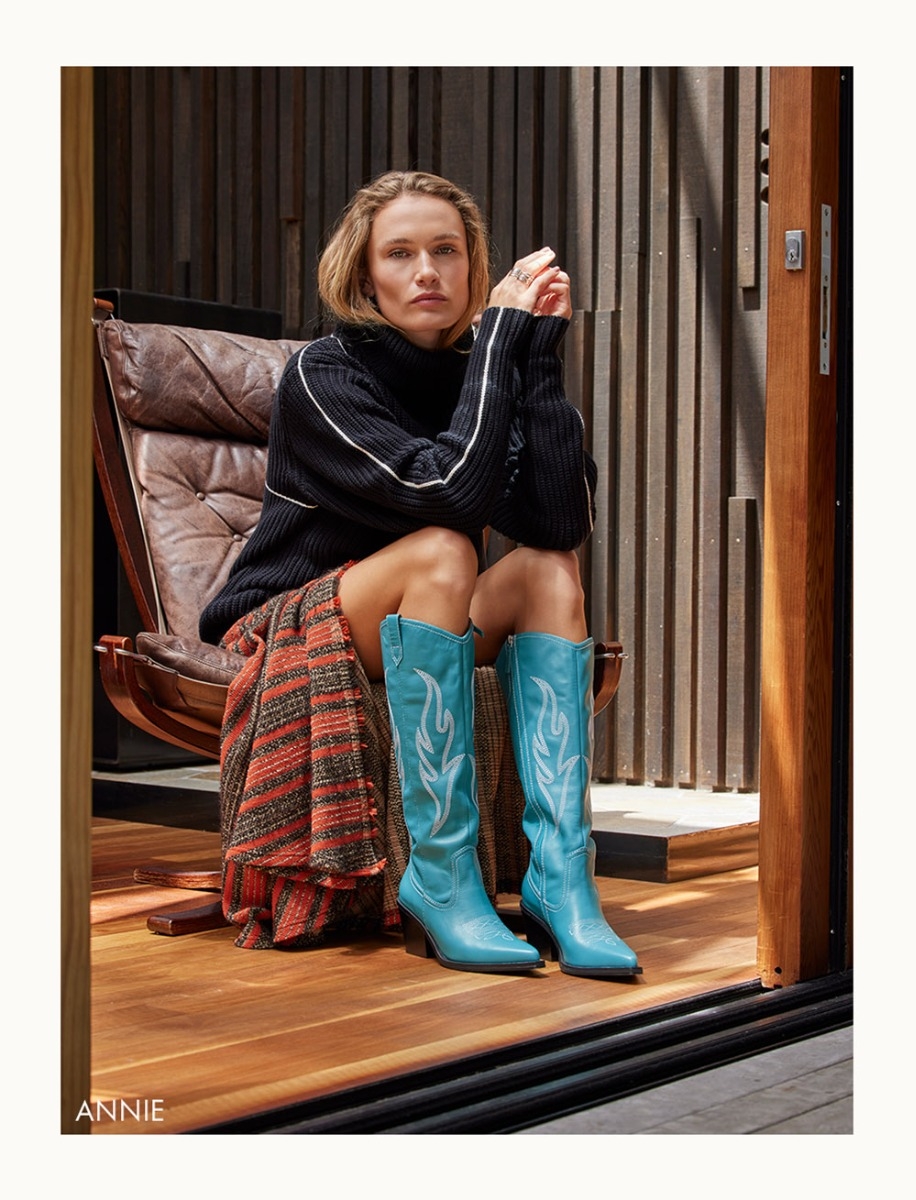 Annie Knee High Cowboy Boot in Mineral Blue Leather